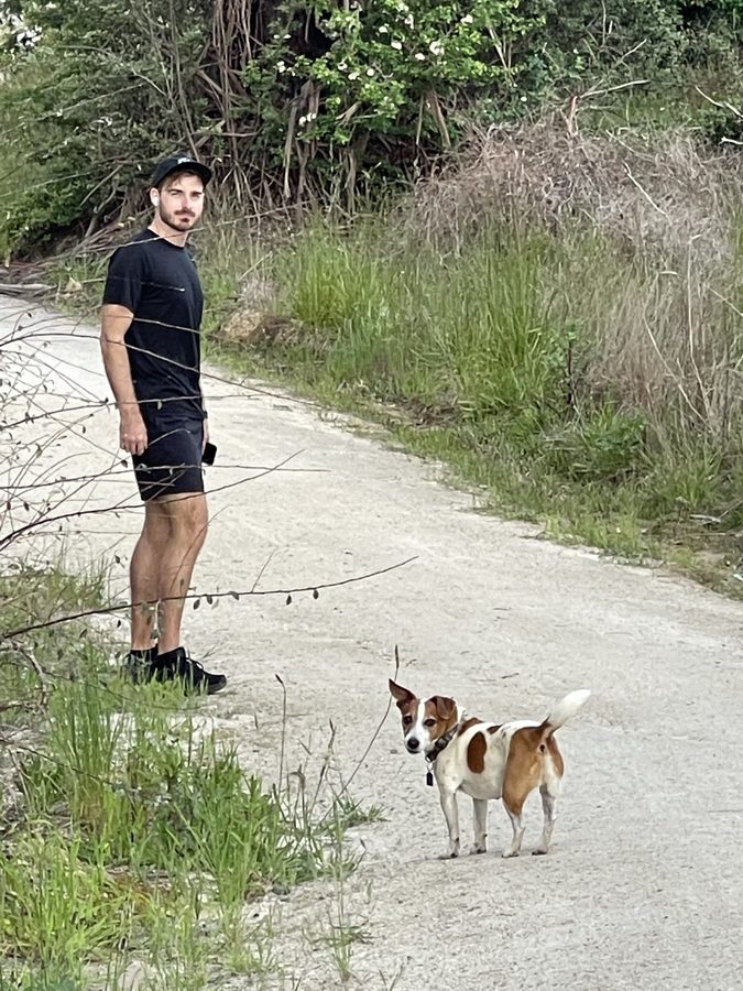 Jye out walking with a dog